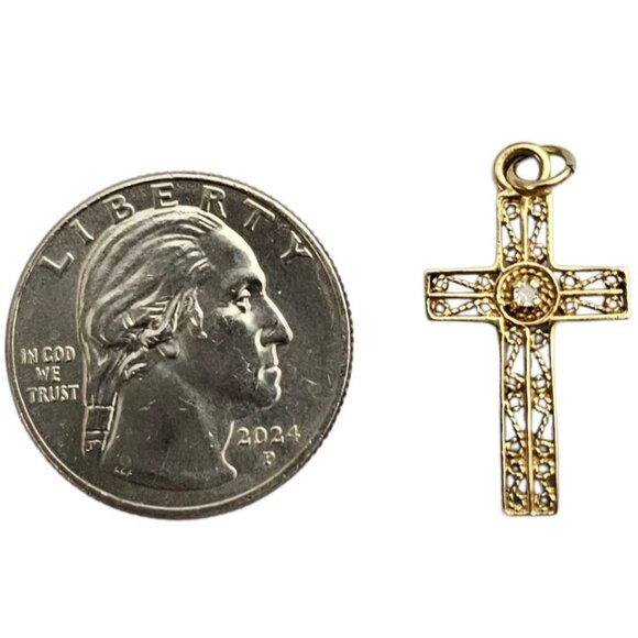 14K Yellow Gold Diamond Chip Filigree Cross Pendant - Picture 7 of 11